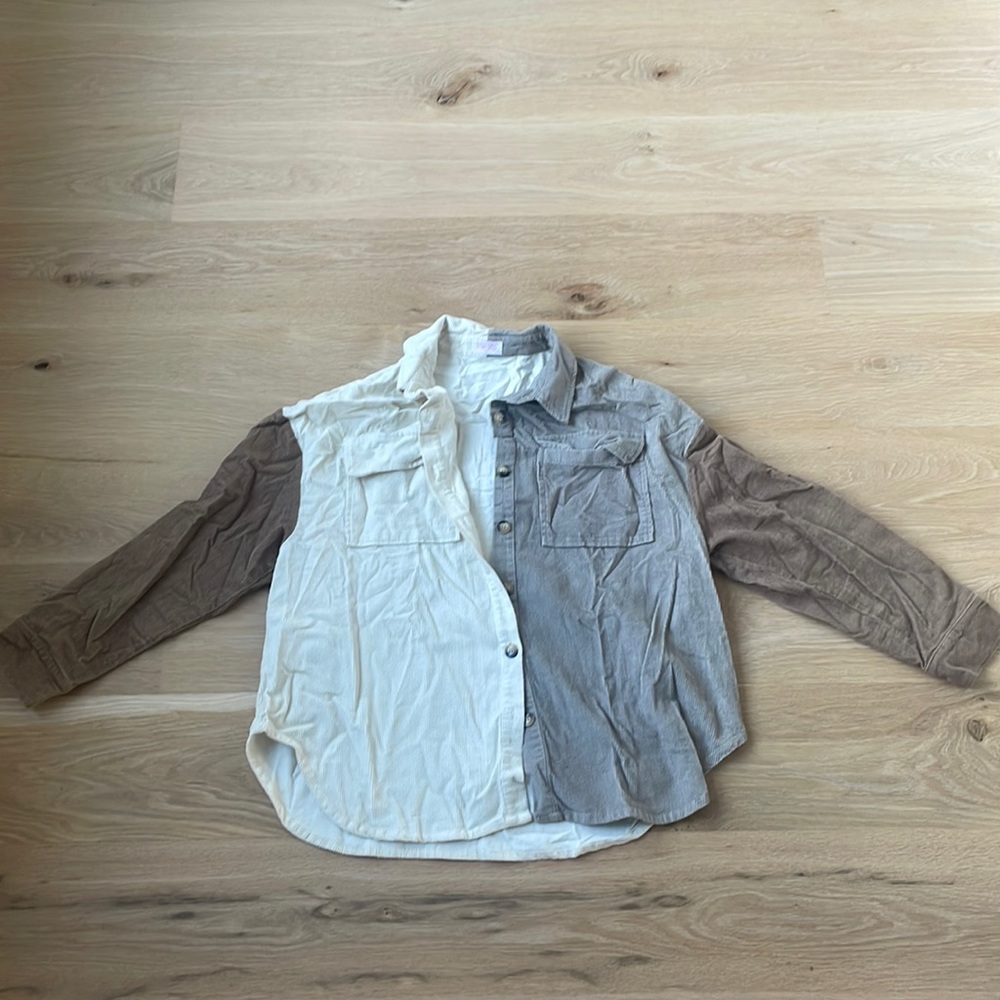 Pink lily color blocked corduroy button down